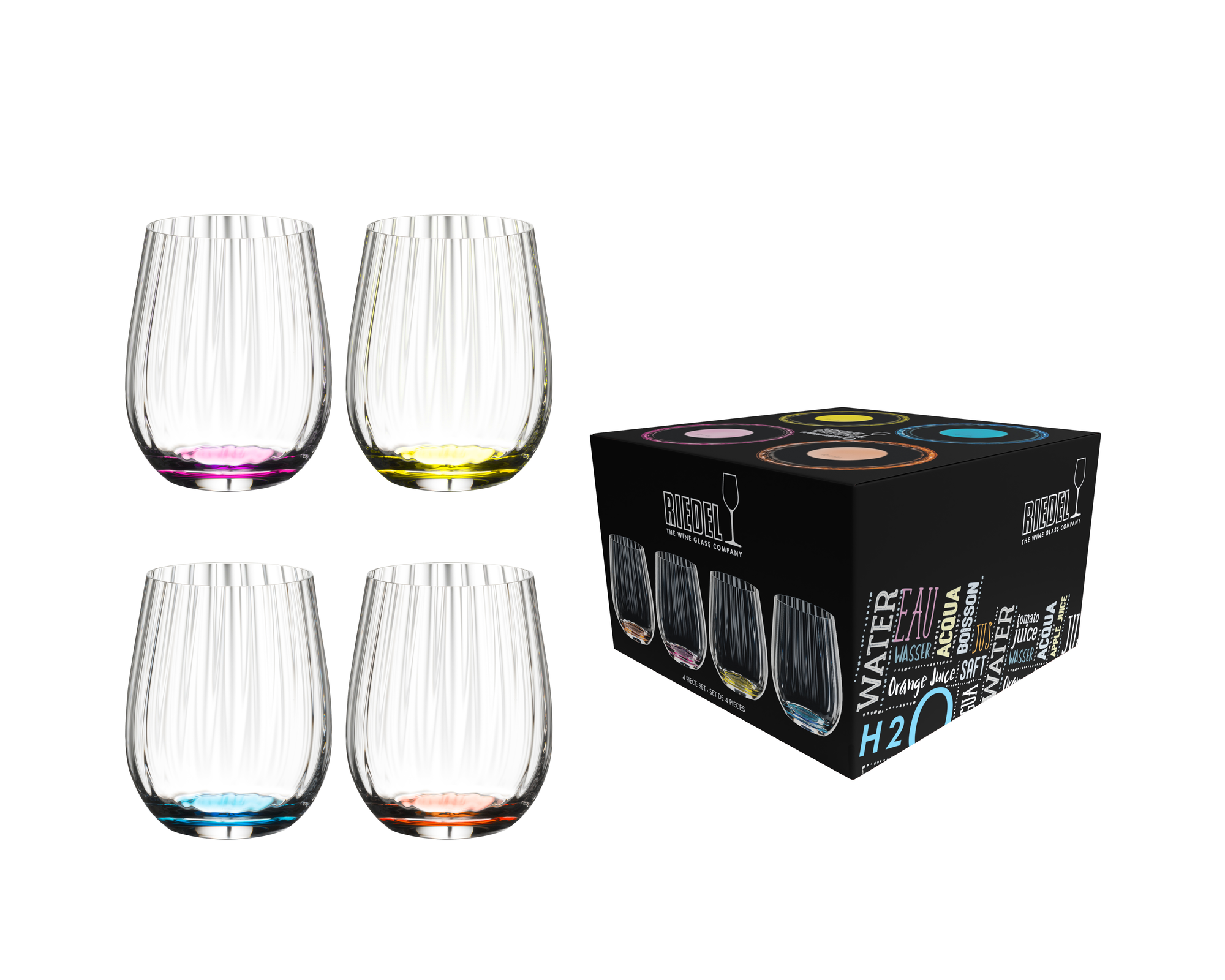 RIEDEL The O Wine Tumbler Happy "O" Optic - Azure-blue, Yellow, Pink, and Cinnabar red