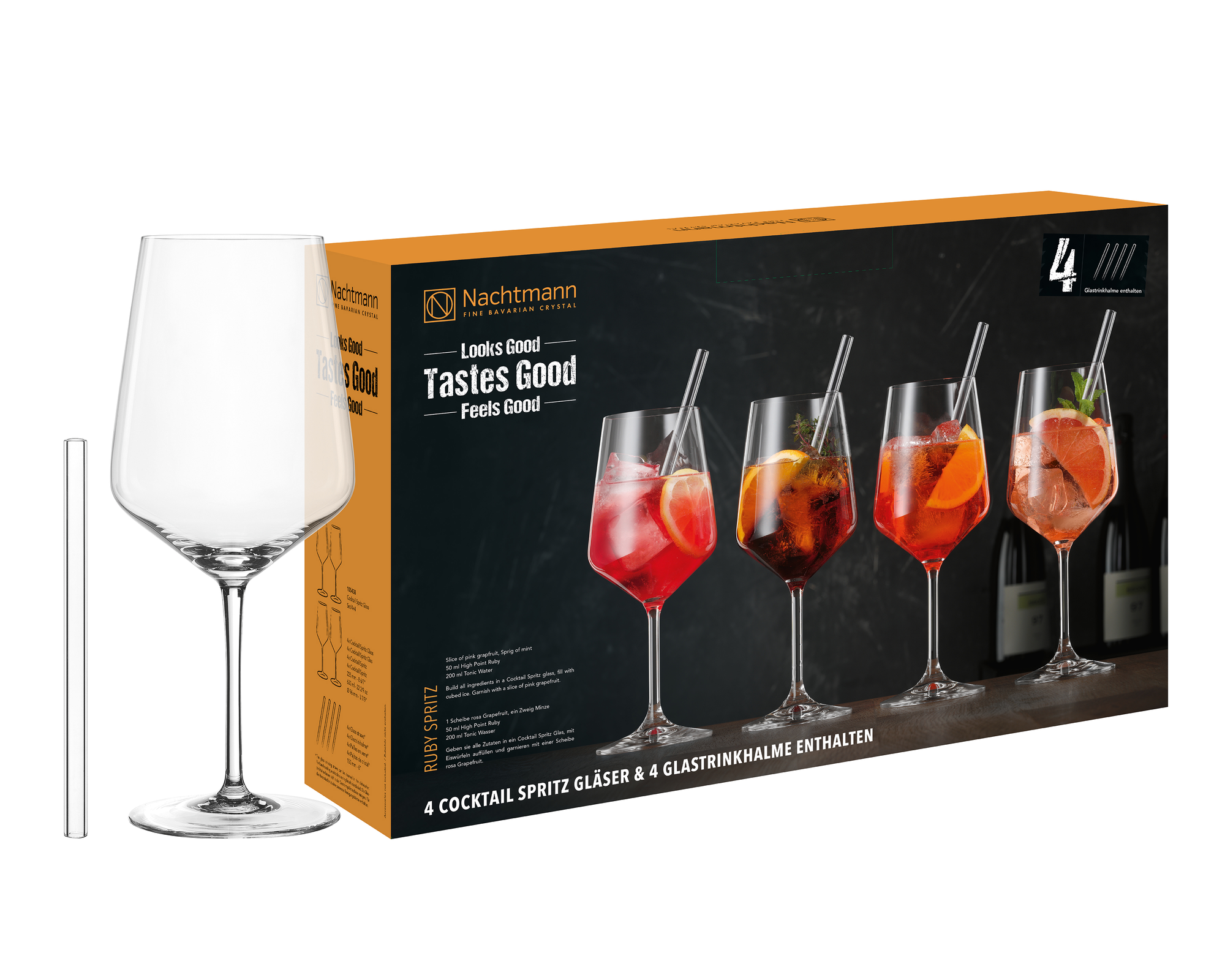 NACHTMANN Tastes Good 4x Cocktail-/Spritzgläser + 4x Glastrinkhalme